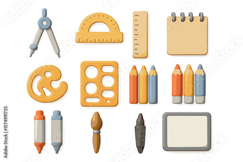 Assorted colorful school supplies: pencils, rulers, brushes, notepad, palette