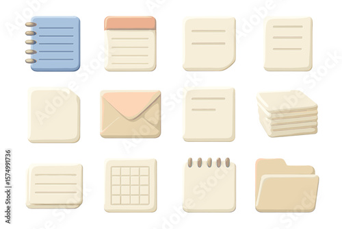 Minimalist office icons set with notebook, envelope, calendar, folder, notepad
