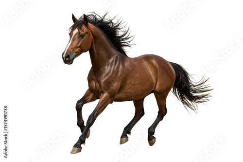 Brown horse running, mane flowing, dark background, equine art