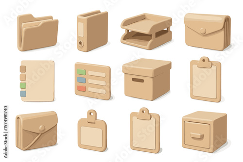Beige office supplies set featuring folders, files, and organizers