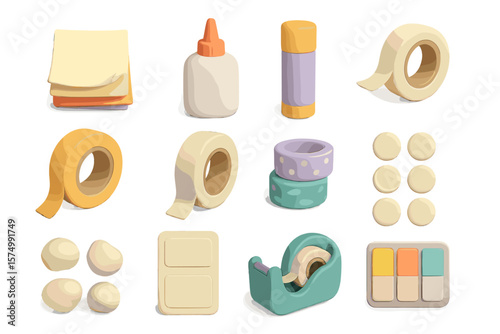 Colorful assorted stationery items on brown background