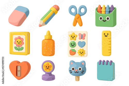 Colorful clay art school supplies with smiling faces on gradient background