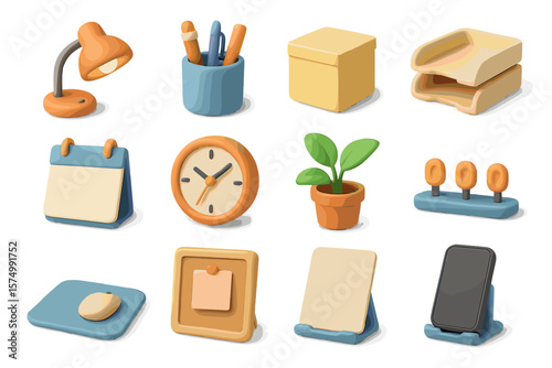 Colorful office supplies on beige background - lamps, plants, and gadgets