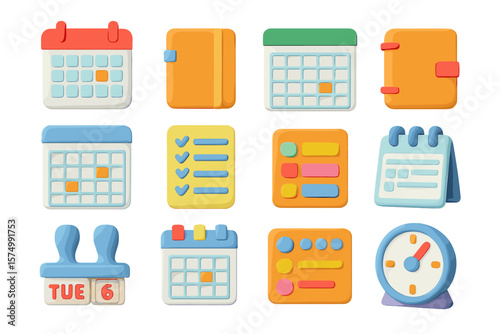 Colorful 3d calendar icons and planner elements for organizing and scheduling