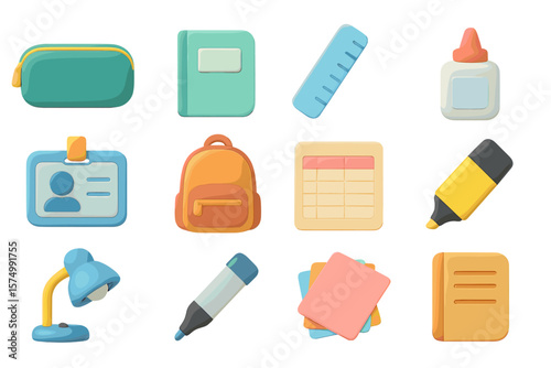 Colorful school supplies collection with stationery icons on gradient background