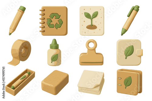 Eco-friendly stationery set with green leaf and recycling symbols