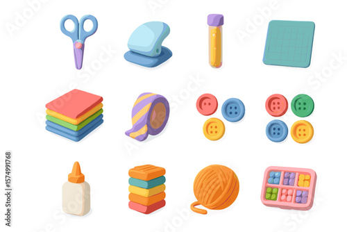 Colorful craft supplies collection with scissors, tape, glue, and buttons