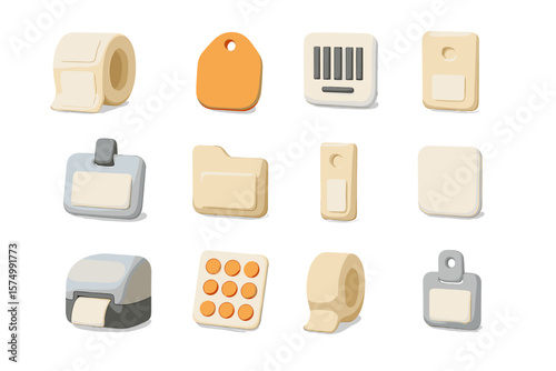 Collection of 3d icons representing office supplies on gradient background