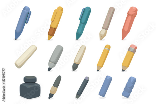 Colorful assorted pens and ink bottles on gradient background