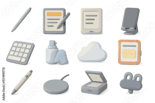 Stylized office supplies set with notebooks, pens, and gadgets