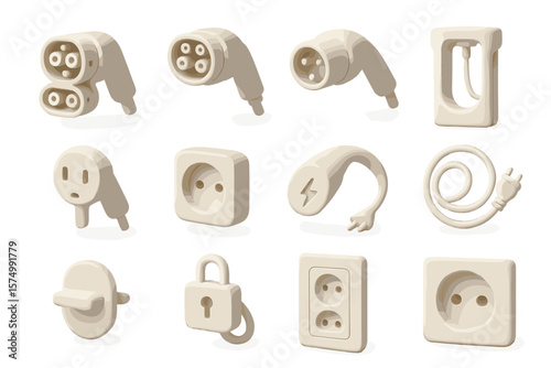 Set of various white electrical plugs and sockets in grid layout