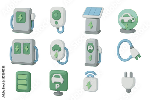Electric vehicle charging and eco-friendly car icons with green energy symbols