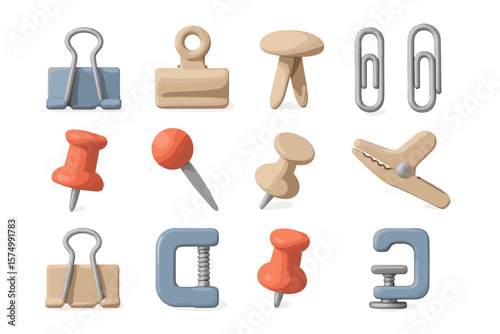 Assorted office supplies: clips, pins, and tools in various colors