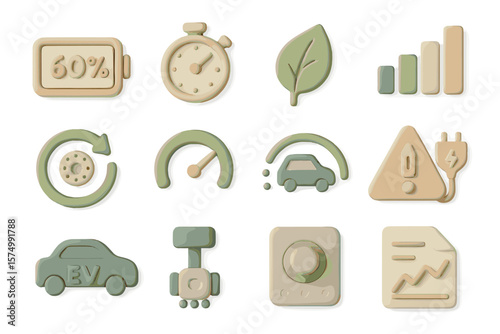 Eco-friendly technology icons: battery, stopwatch, leaf, graph, car, alert