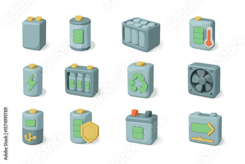 3d icons of batteries and energy-saving symbols featuring recycling and thermometer