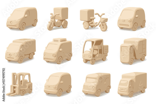 Beige clay models of delivery vehicles on gradient background