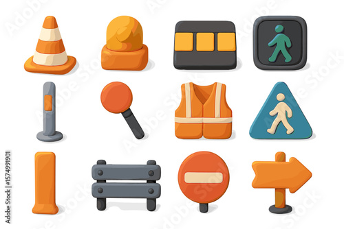 Colorful 3d icons of traffic and safety signs in clay style