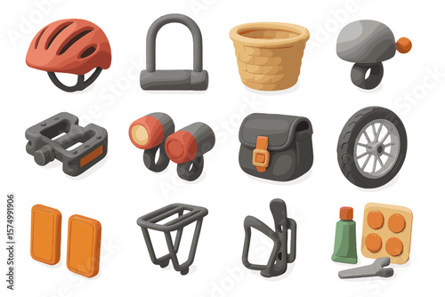 Bicycle accessories set with helmet, lights, bag, lock, and tools