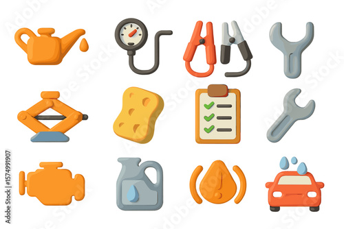 Car maintenance icons: engine, tools, oil, battery, tire pressure, car wash