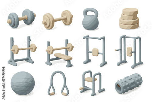 Pastel fitness equipment collection with weights, bench, and foam roller