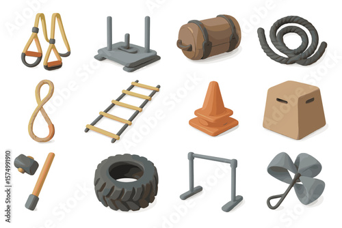 Set of fitness equipment icons: ropes, ladders, tires, and more