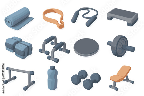 3d illustration of fitness equipment on gray background