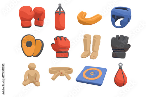 Colorful boxing equipment set with gloves, pads, and gear for training