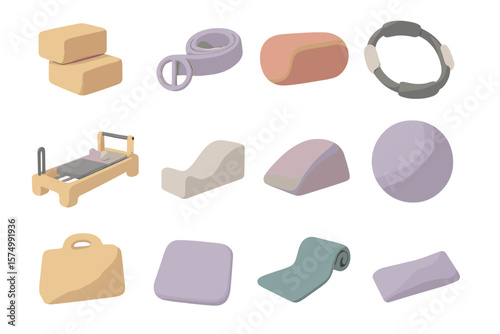 Colorful yoga and fitness equipment collection on gradient background