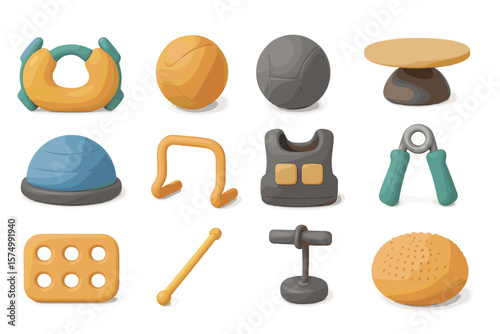 Colorful workout equipment icons on gradient background