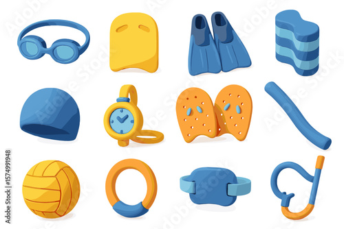 Colorful swimming gear: goggles, fins, snorkel, and more in blue and orange