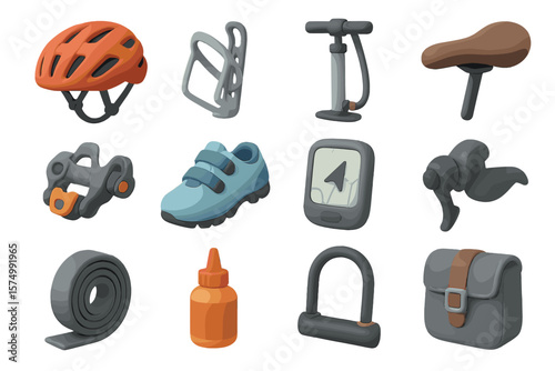 Cycling gear collection with accessories including helmet, shoe, and bike lock