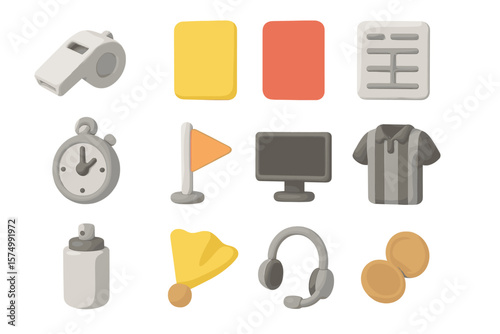 Colorful soccer icons: cards, whistle, timer, and more