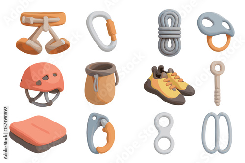 Clay-style climbing gear illustration with various equipment in soft pastel colors