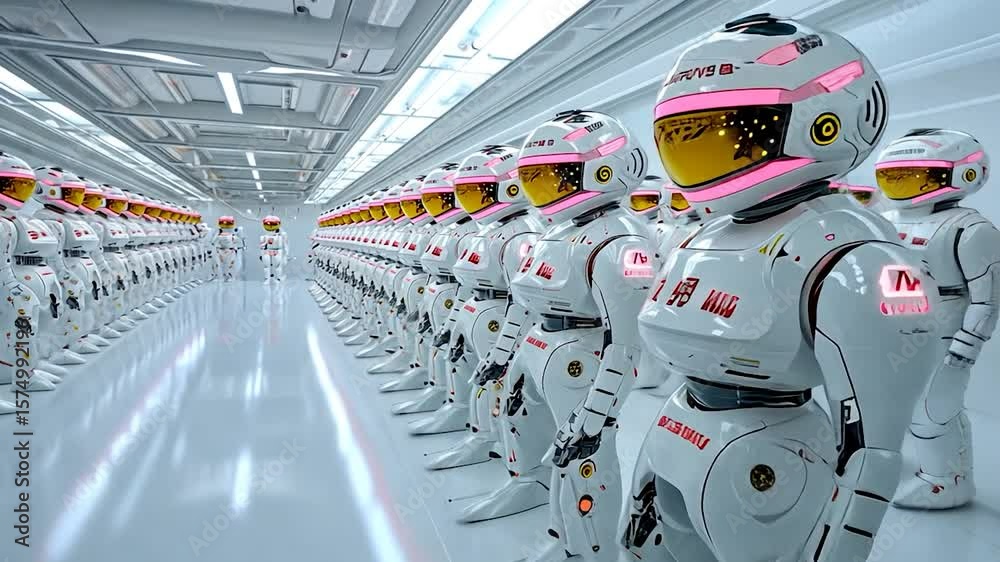 A legion of white robots stands in a futuristic facility, showcasing advanced robotics and a potential future of automation.