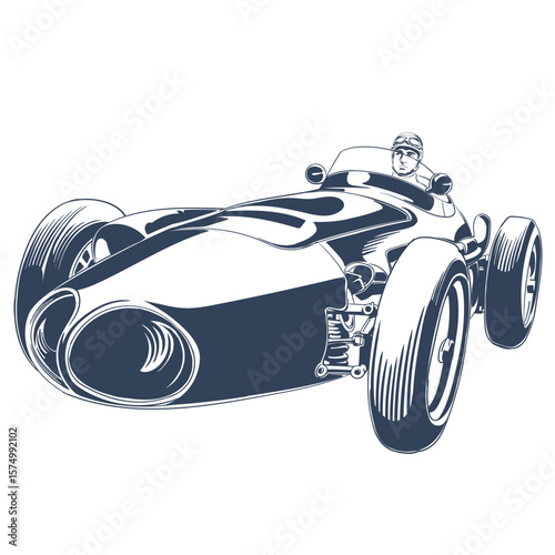 Classic vintage race car illustration from low front perspective with retro racing driver in helmet and goggles, hand-drawn engraving vector