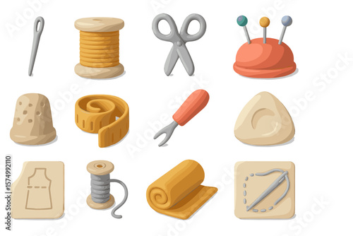 Sewing tools icons with needle scissors and thread for crafting and tailoring