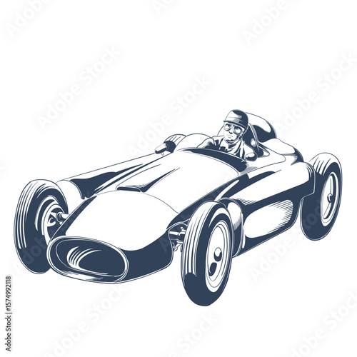 Classic vintage race car from side front angle with smiling retro driver in helmet and goggles, hand-drawn vector illustration
