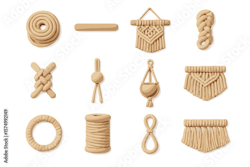 Textured macrame elements in various artistic patterns on beige background