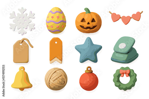 Festive icons set: holiday symbols including pumpkin, star, bell, and ornament