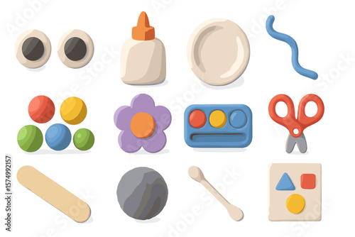 Colorful craft supplies arrangement with clay, glue, and scissors
