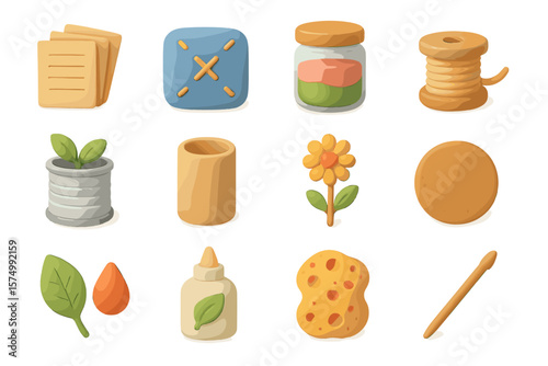 Cute craft tools and supplies icon set with soft pastel colors
