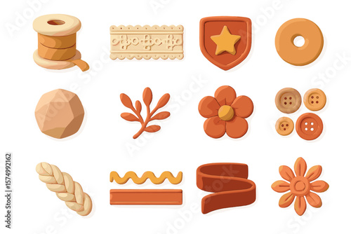 Clay craft objects: star, flower, buttons, ribbon, shield, braided cord