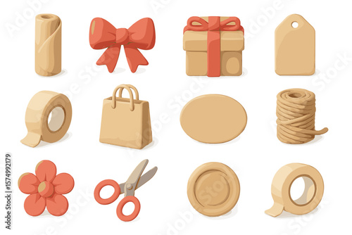 Gift wrapping icons: ribbon, box, tag, tape, bag, flower, scissors
