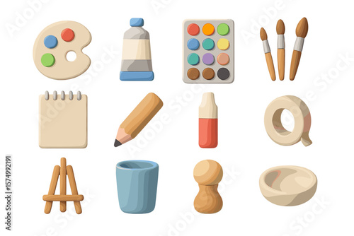 Creative art supplies collection: palette, brushes, paints, easel, sketchpad