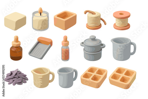 Household objects set with candles, spools, and containers