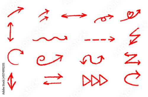 Hand drawn arrow set. Curved, straight, looped and bold sketch arrows. Red  doodle arrows for infographic and highlight. Vector illustration.
