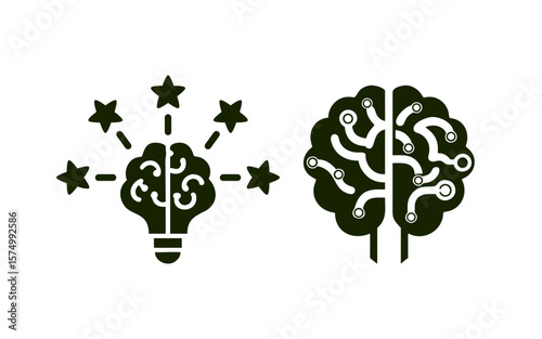 Vector set of icons with human heads and creative ideas like stars and brain symbols, representing brainstorming and innovation.