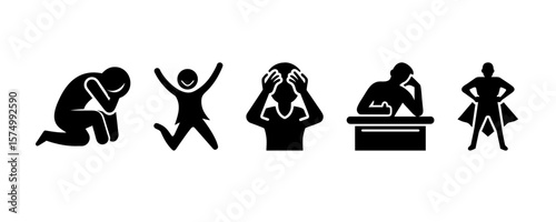 Different emotions icon set. Emotional Expression silhouettes. Vector icon set depicting expressive human figures showing emotions like happiness and sadness. Includes a person jumping for joy, etc.