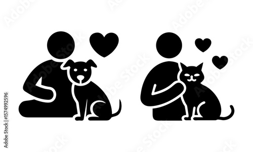Emotional Support Animals and Human Bond Icons. Vector icon set illustrating emotional support animals (cat and dog) and their connection with humans.