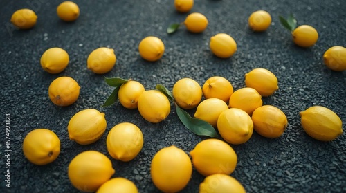 
A high-quality photo of lemons scattered on asphalt, in a dramatic cinematic style with modern flat design, simple two-dimensional shapes, film-like composition and lighting, emphasizing fash